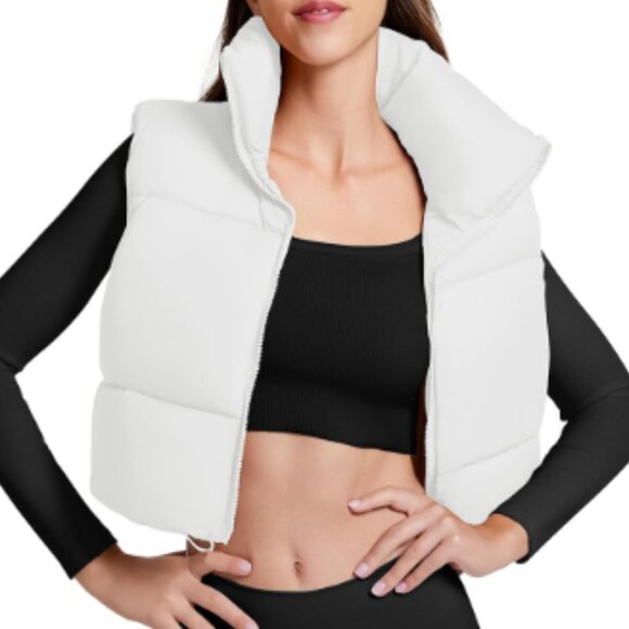White Puffer Crop Vest Wander Travel Patch SZ L - Picture 1 of 12